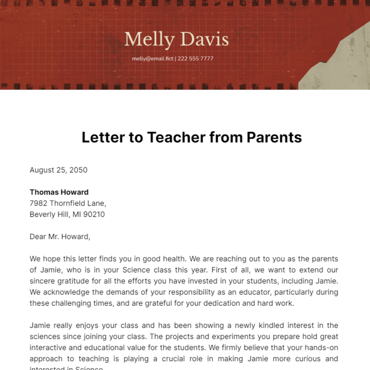 Letter to Teacher from Parents Template