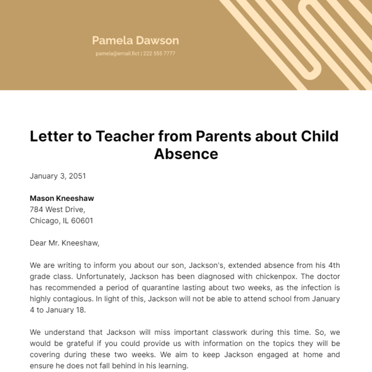 Letter to Teacher from Parents about Child Absence Template