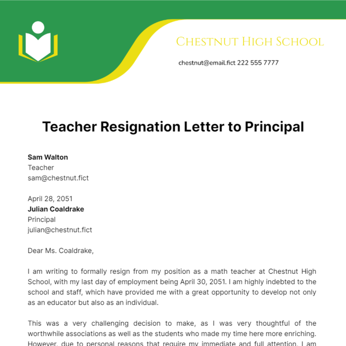 Teacher Resignation Letter to Principal Template