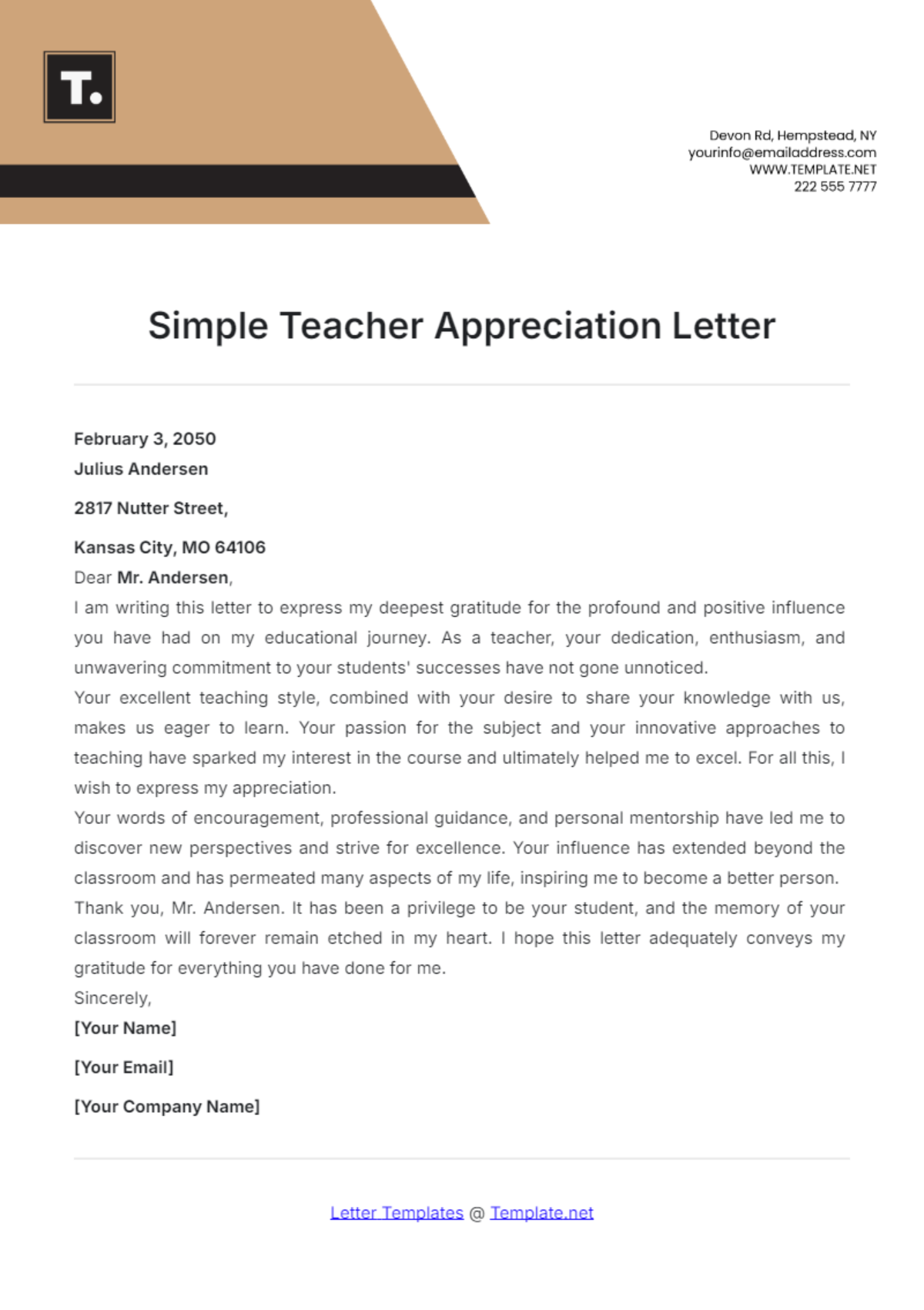 Simple Teacher Appreciation Letter Template - Edit Online & Download