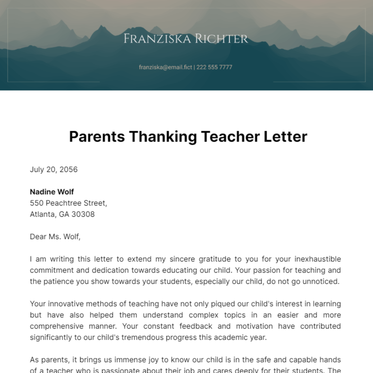 Parents Thanking Teacher Letter Template