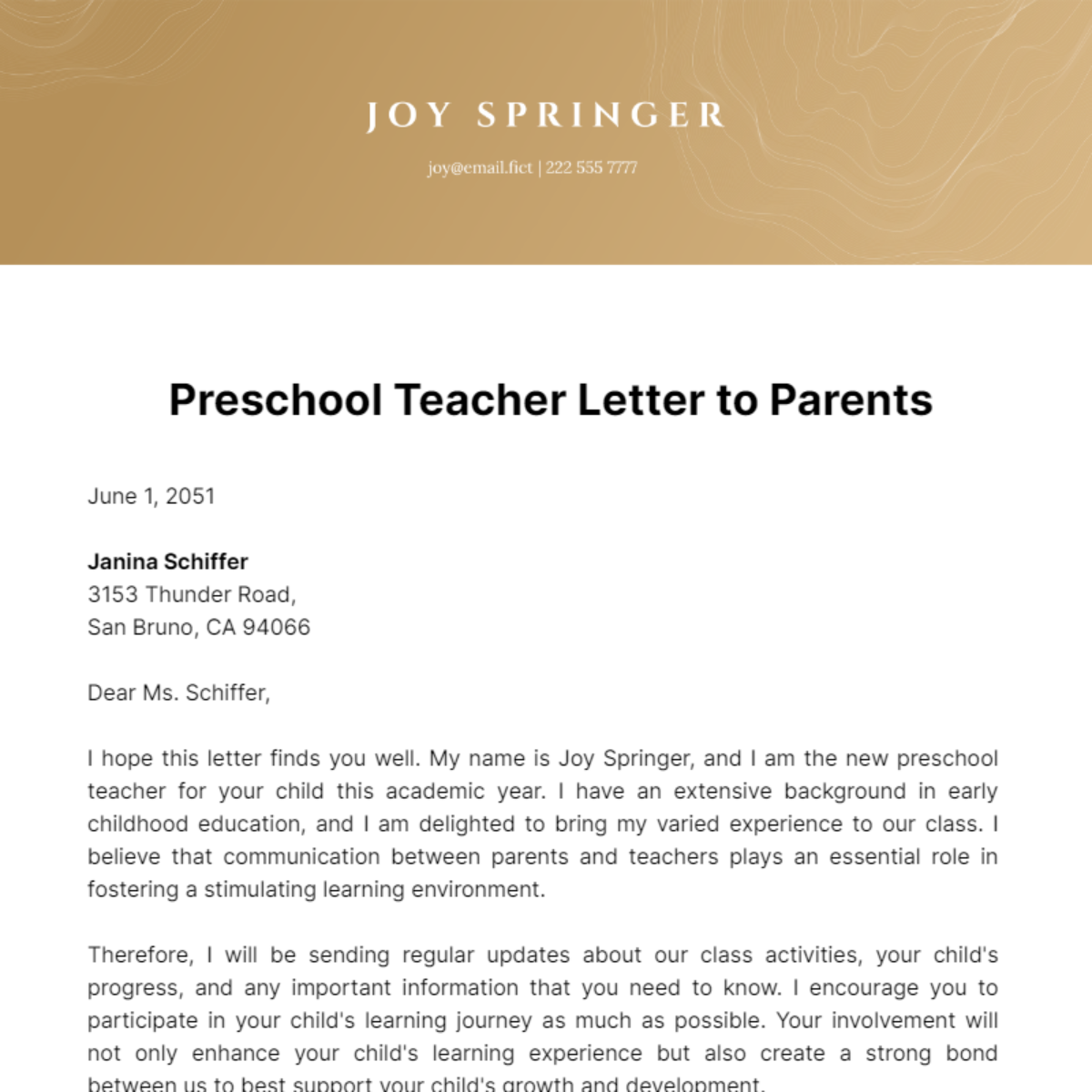 Preschool Teacher Letter to Parents Template
