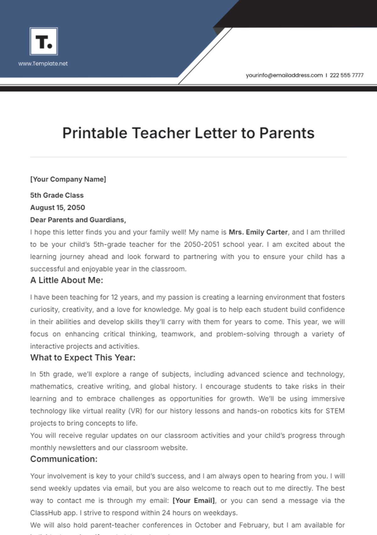 Printable Teacher Letter to Parents Template - Edit Online & Download