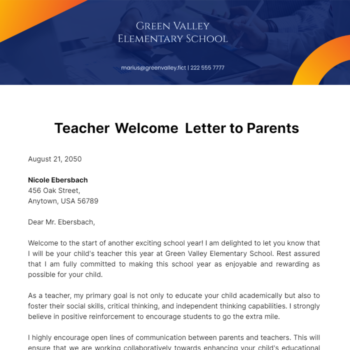 Teacher Welcome Letter to Parents Template