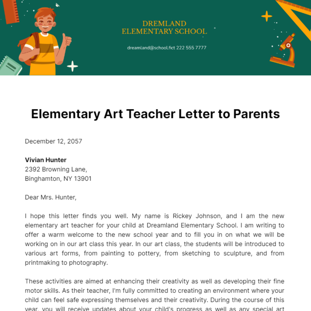 Elementary Art Teacher Letter to Parents Template