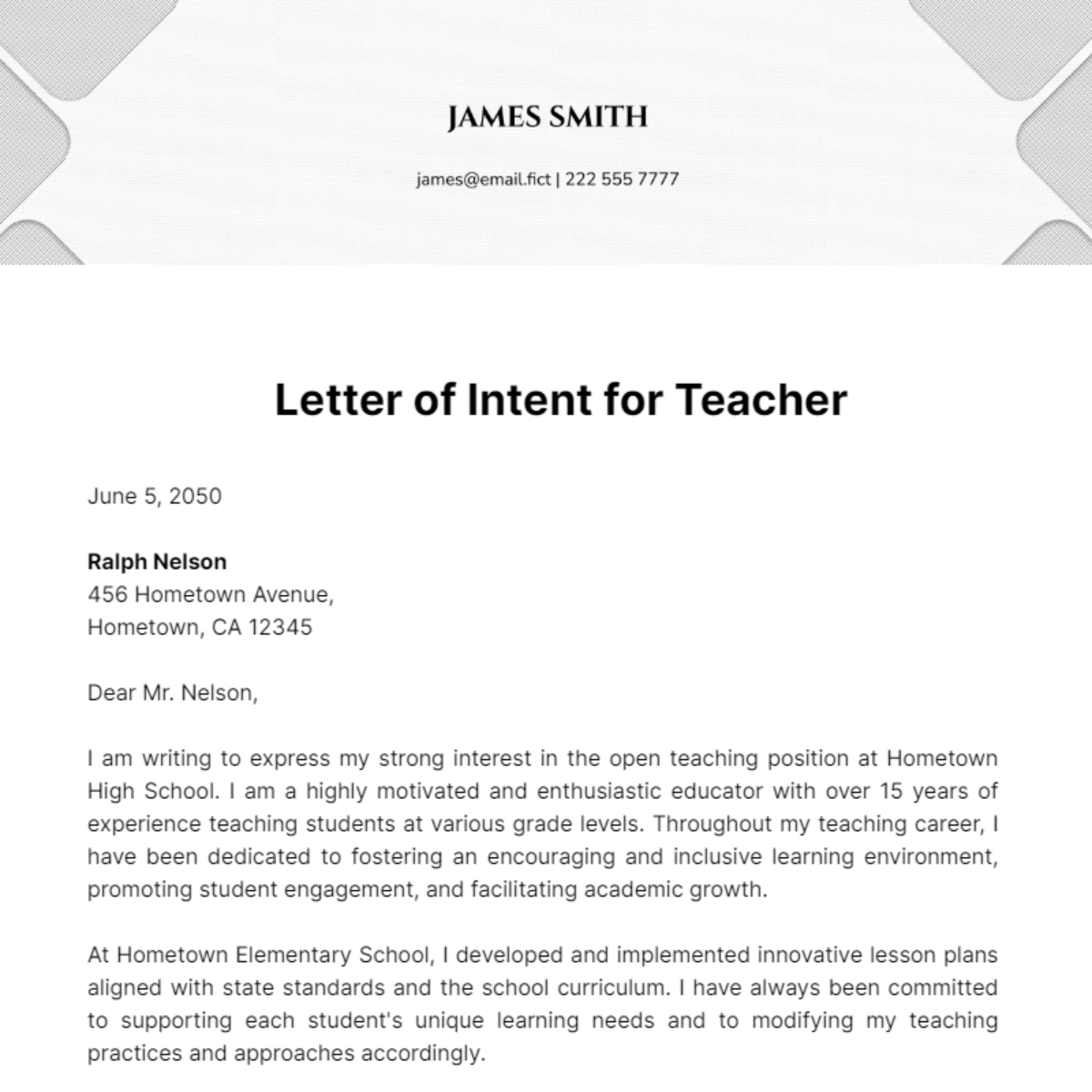 Letter of Intent for Teacher Template