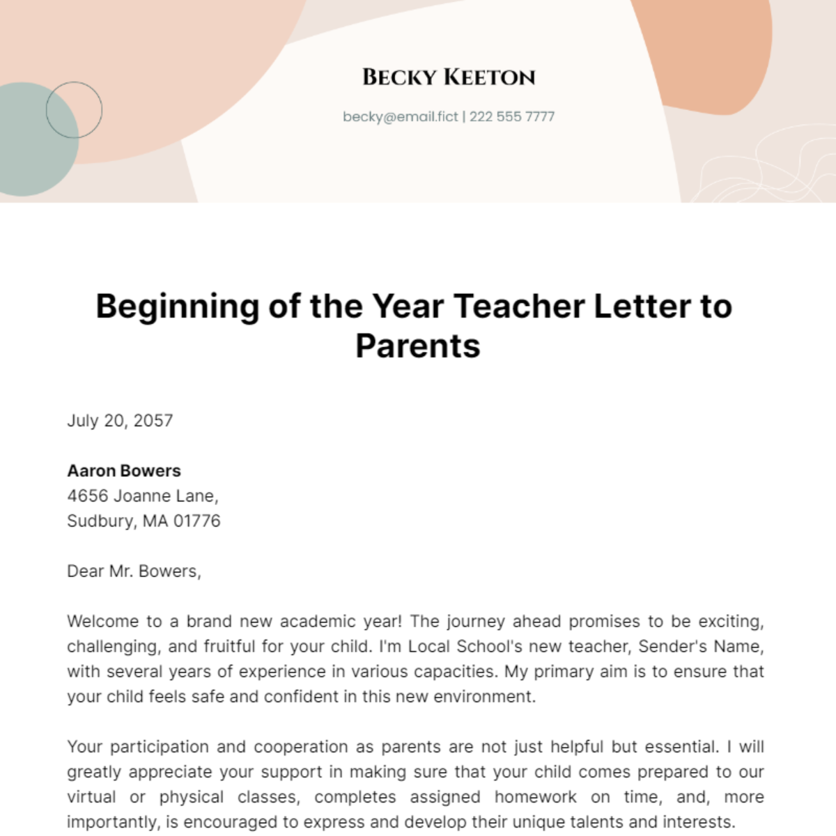 Beginning of the Year Teacher Letter to Parents Template