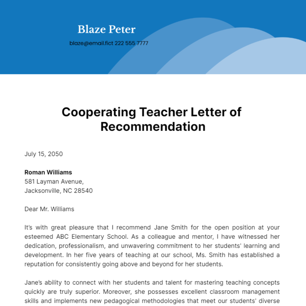 Cooperating Teacher Letter of Recommendation Template