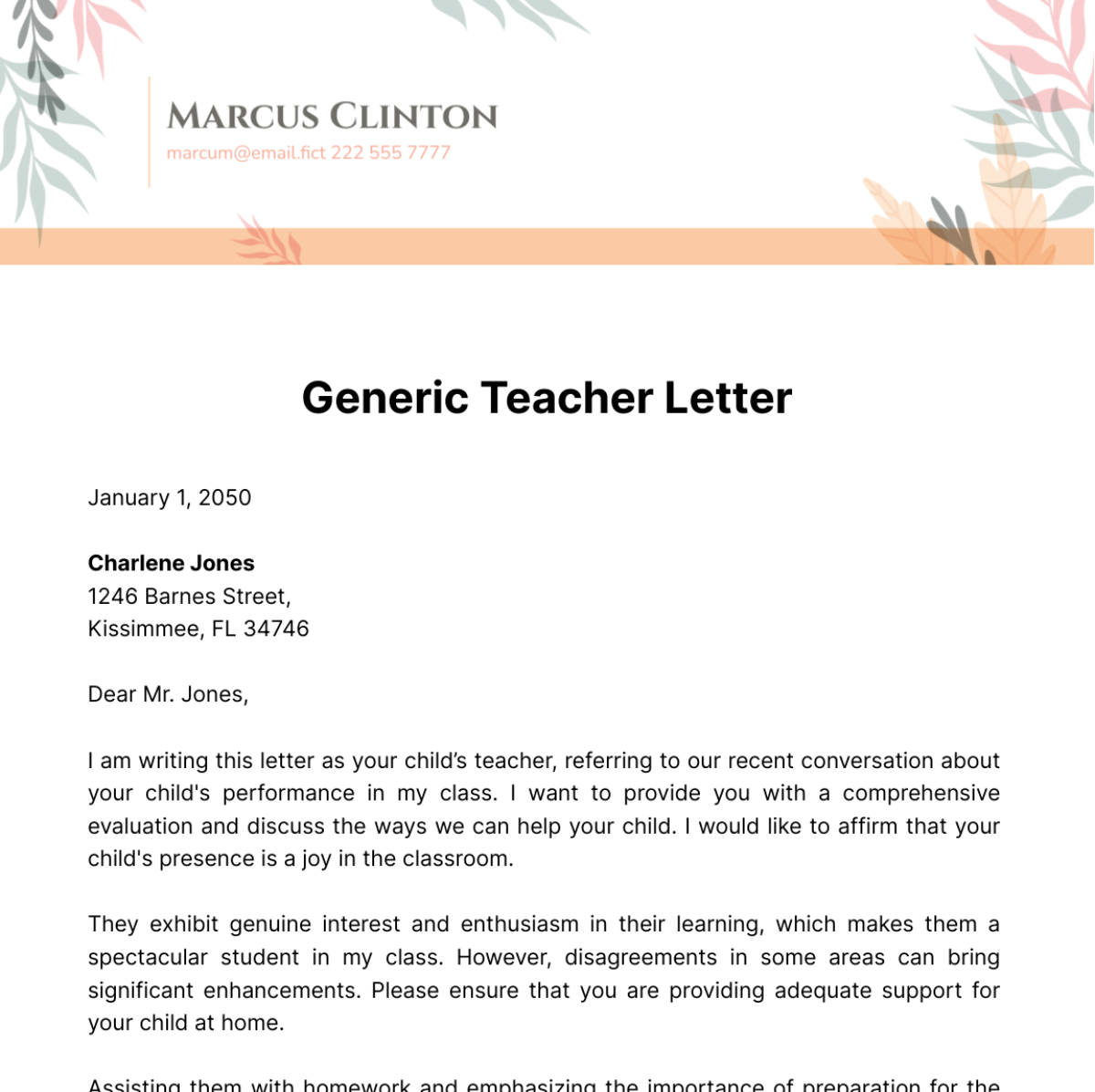 Generic Teacher Letter Template