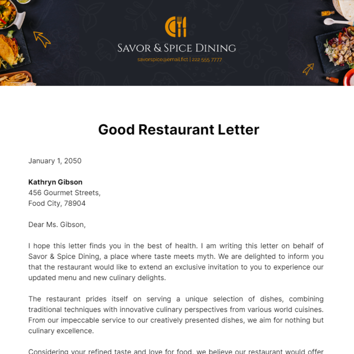 Free Good Restaurant Letter Template