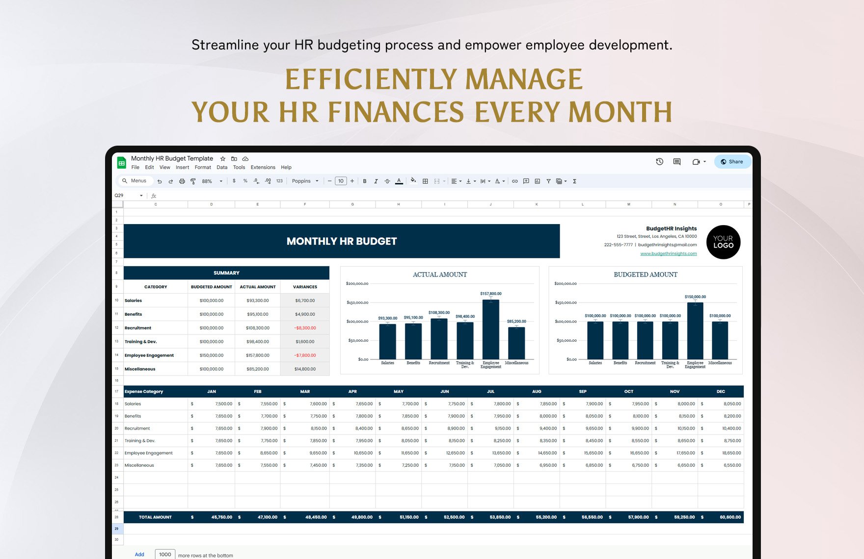 Monthly HR Budget Template