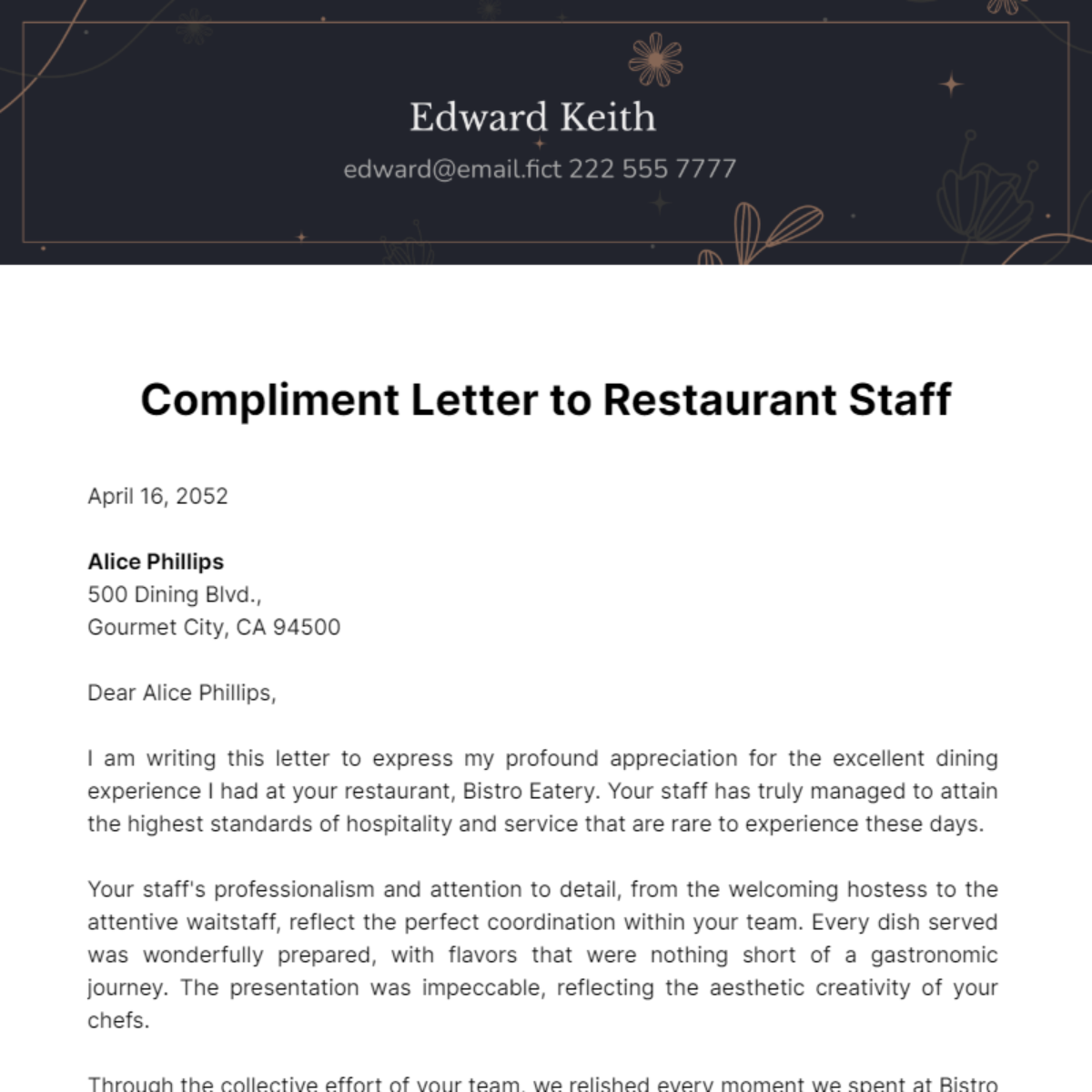 Compliment Letter to Restaurant Staff Template