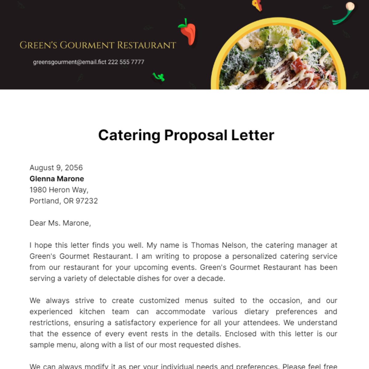 Free Catering Proposal Letter Template