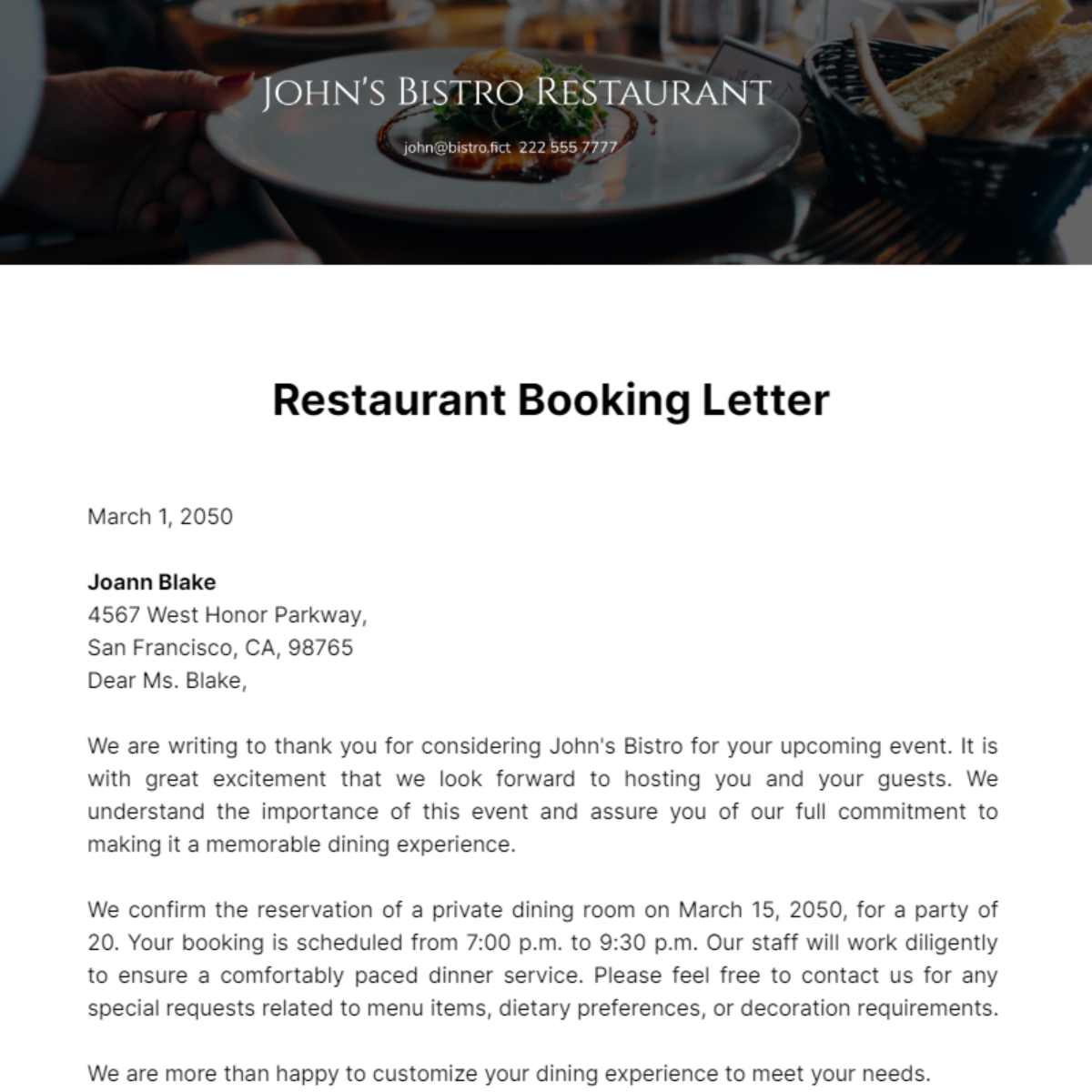 Free Restaurant Booking Letter Template