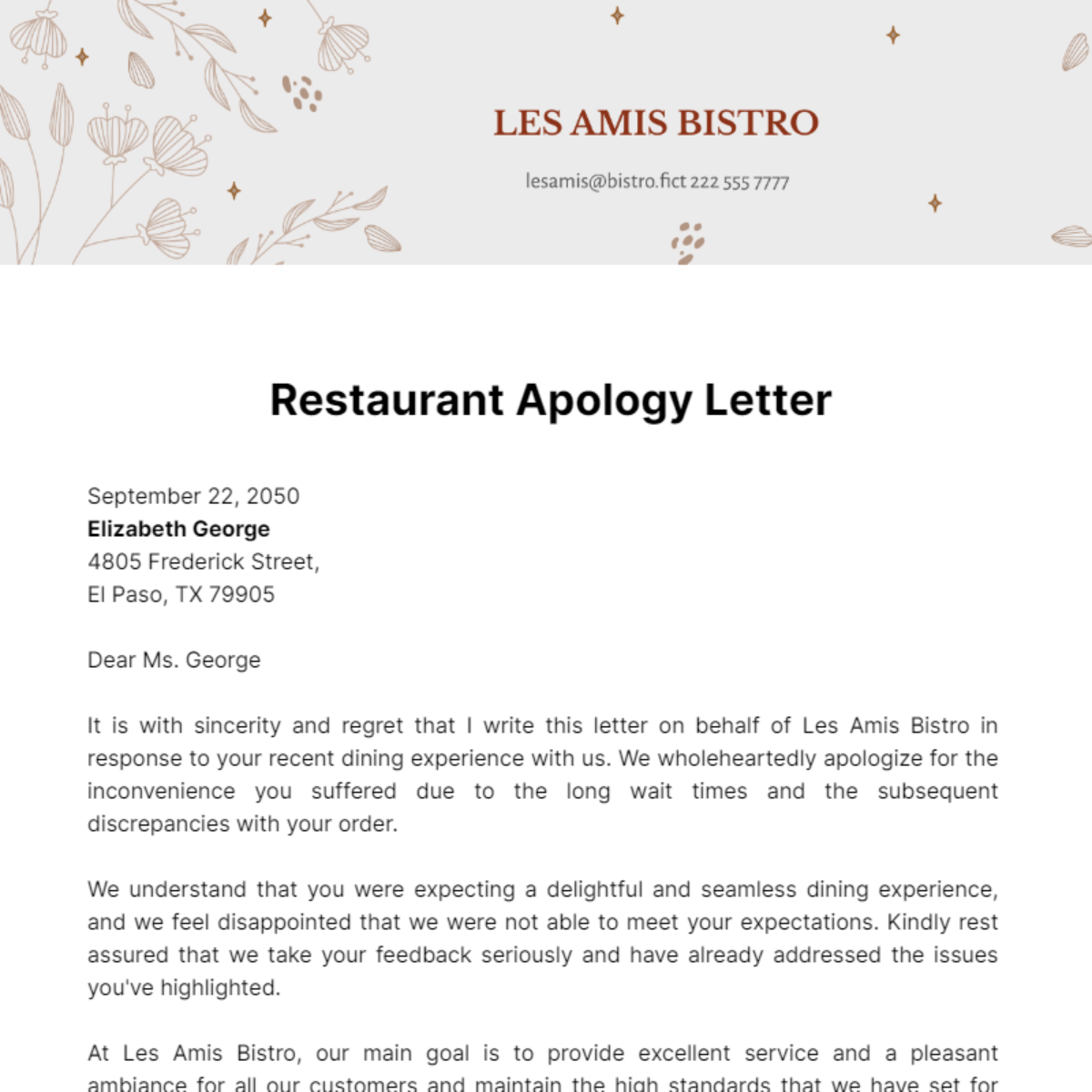 Restaurant Apology Letter Template