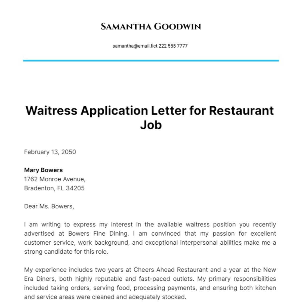 Free Waitress Application Letter for Restaurant Job Template