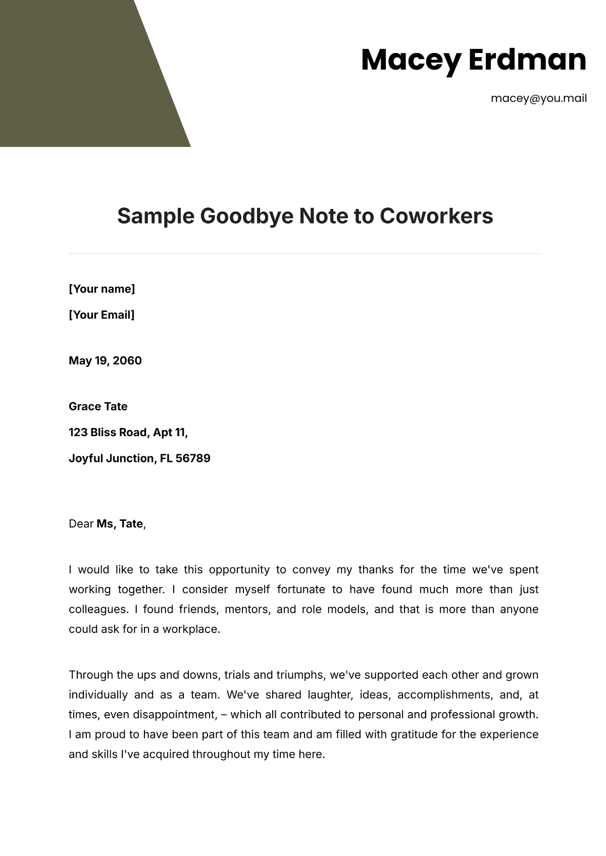 Sample Goodbye Note to Coworkers Template