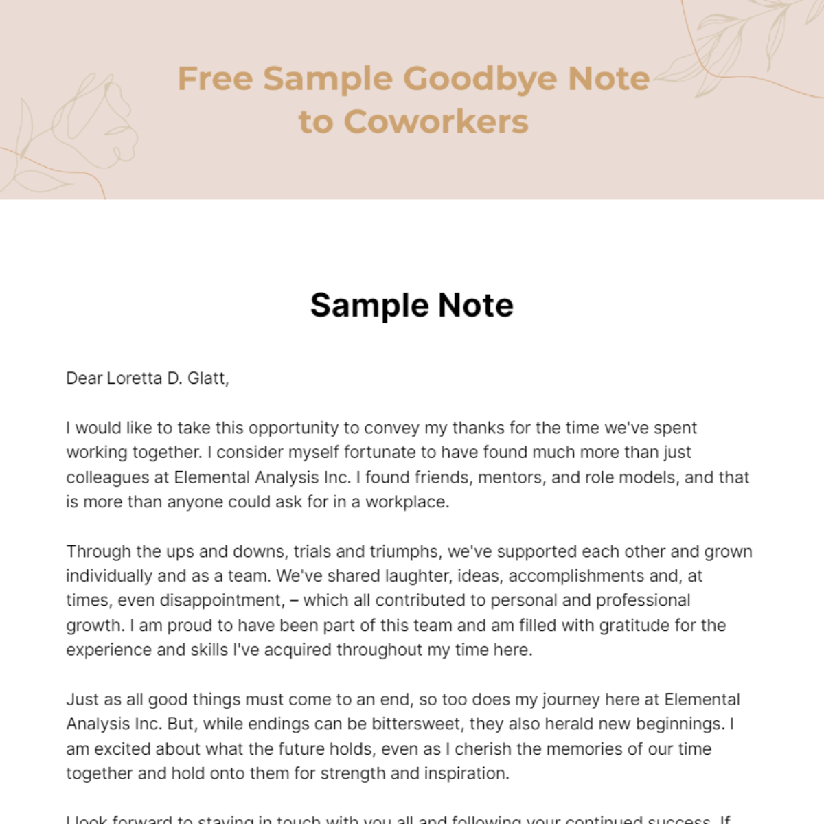 Sample Goodbye Note to Coworkers Template