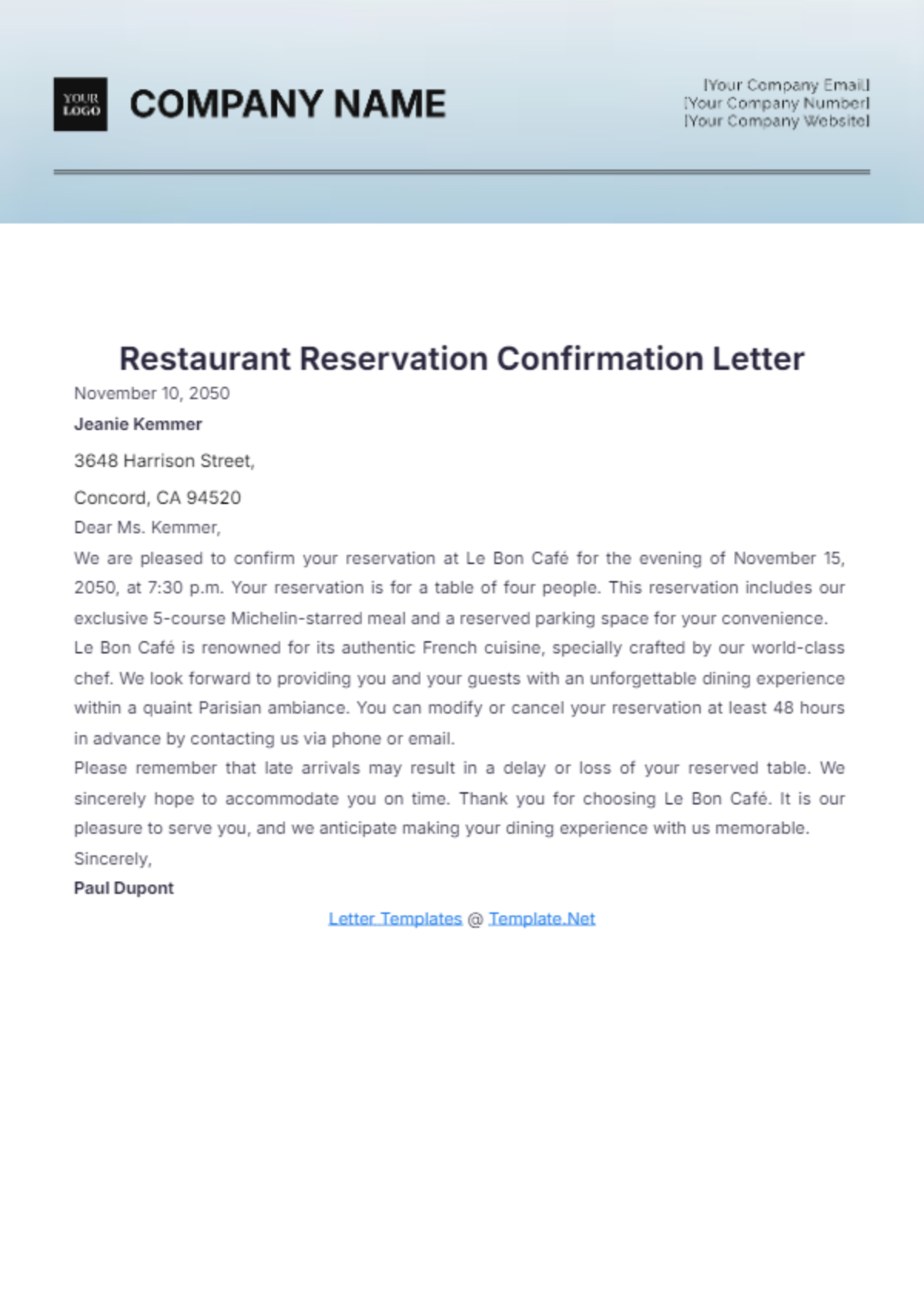 Restaurant Reservation Confirmation Letter Template - Edit Online & Download