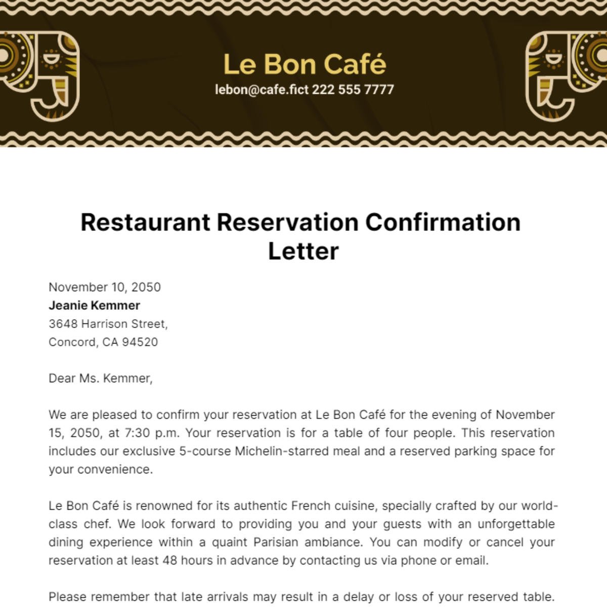 Restaurant Reservation Confirmation Letter Template