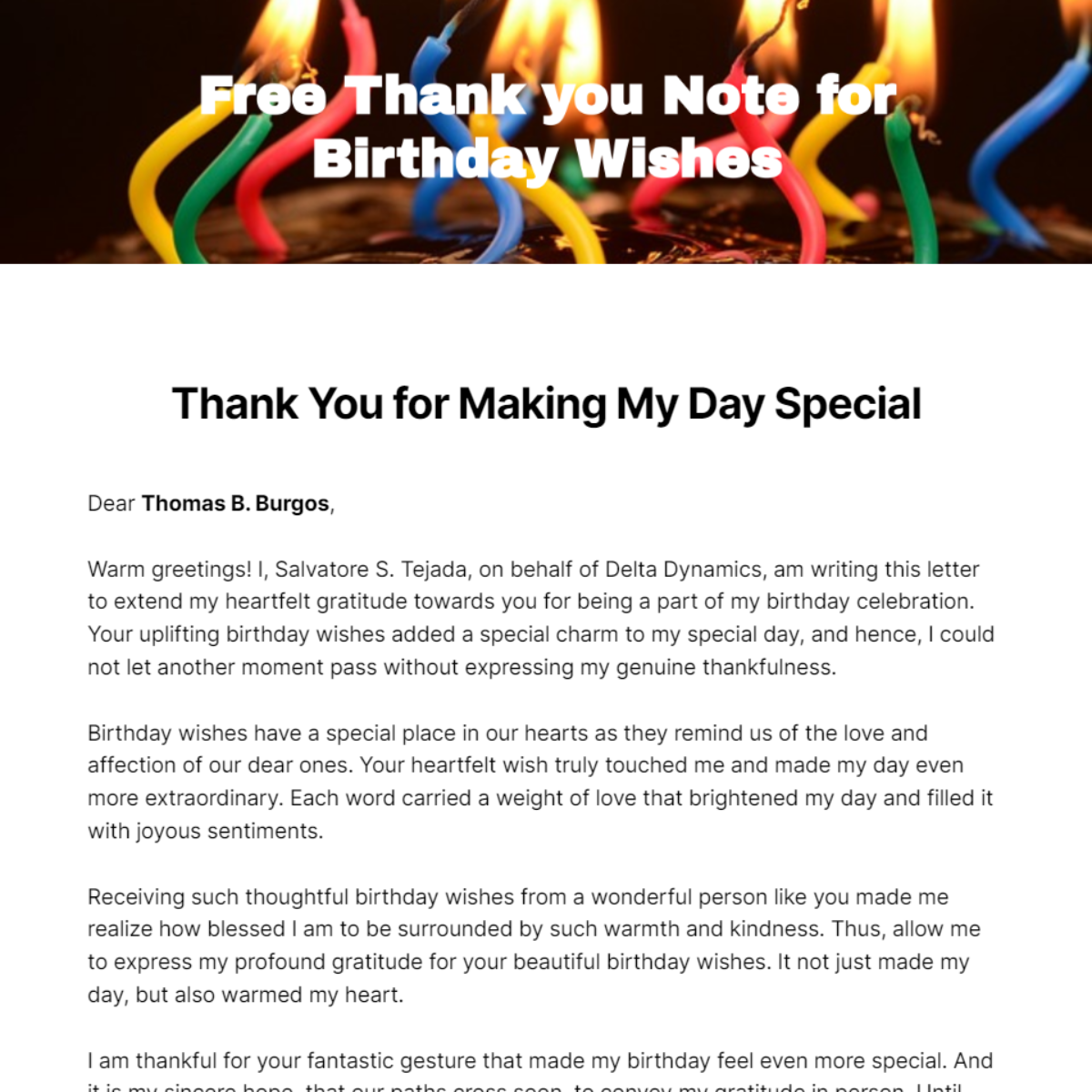 Thank you Note for Birthday Wishes Template