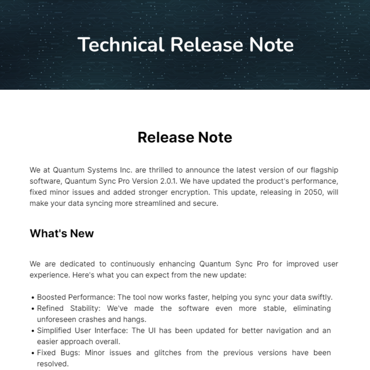 Technical Release Note Template