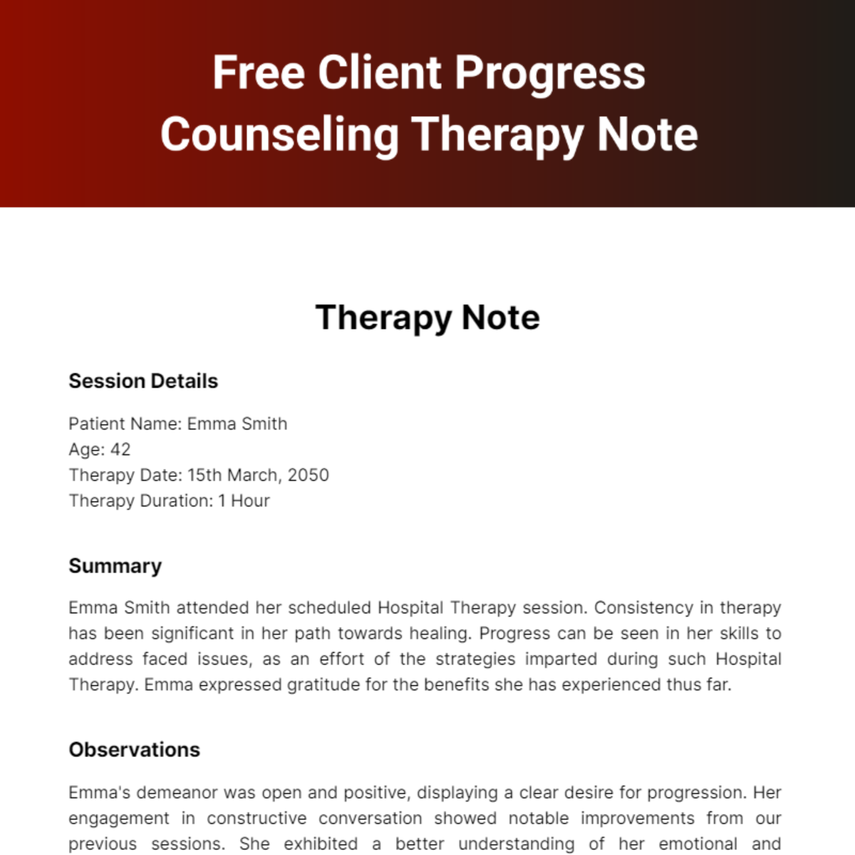 Free Client Progress Counseling Therapy Note Template