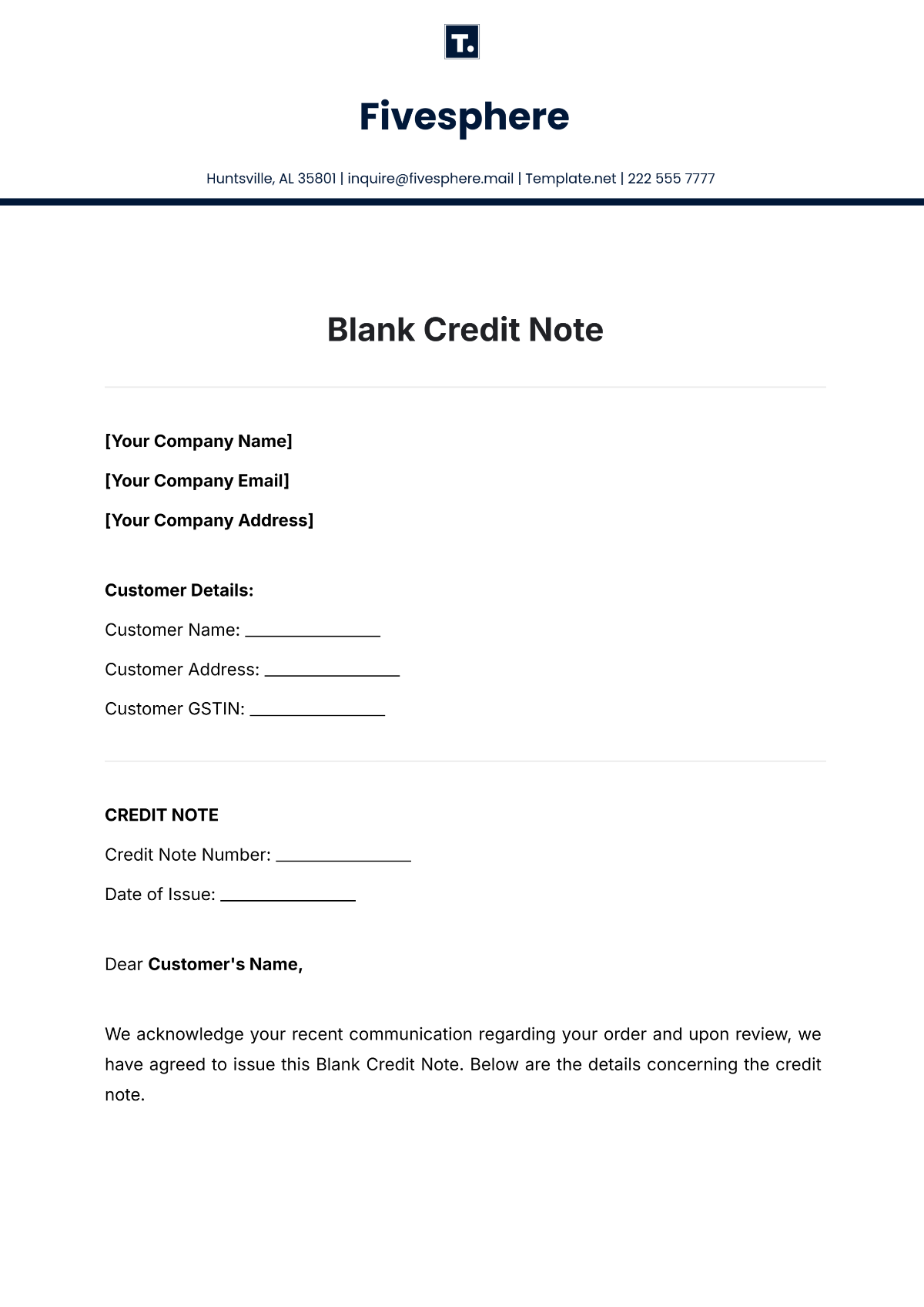 Blank Credit Note Template - Edit Online & Download