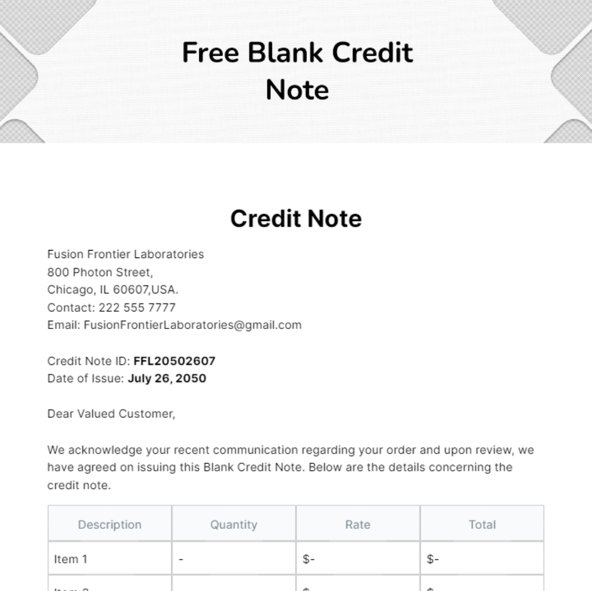 Free Blank Credit Note Template