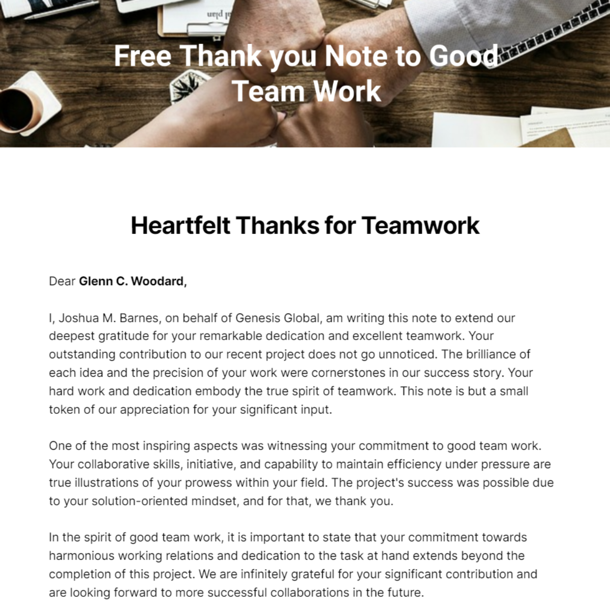 Thank you Note to Good Team Work Template