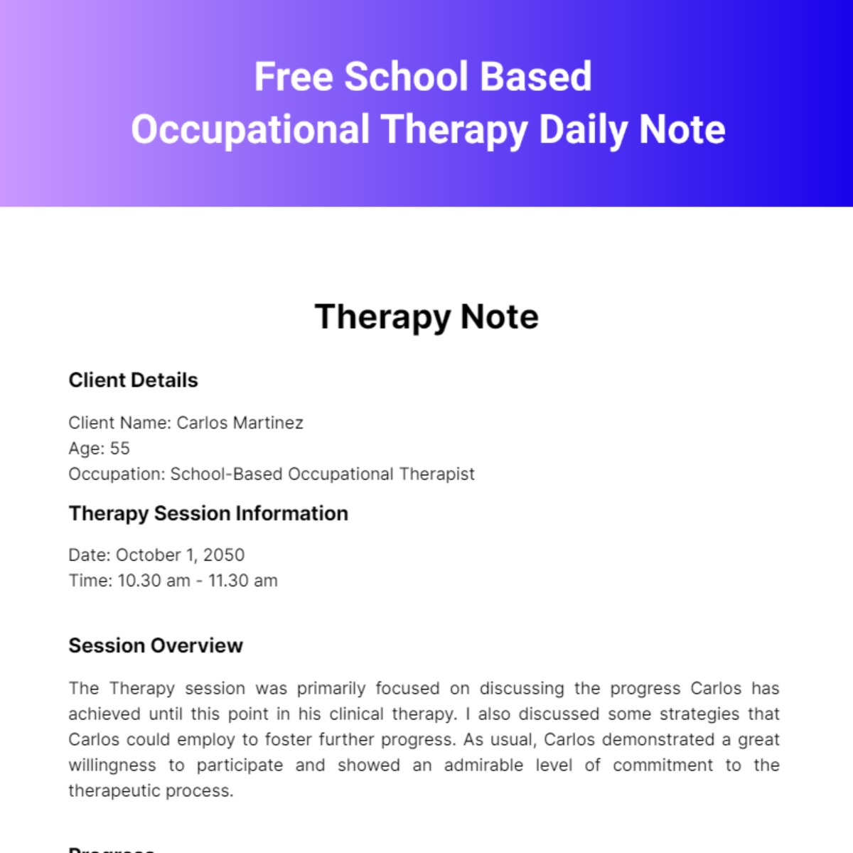 School Based Occupational Therapy Daily Note Template