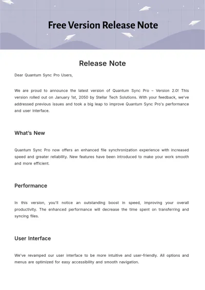 Free Version Release Note Template to Edit Online