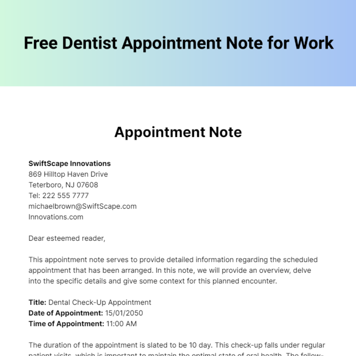 Dentist Appointment Note for Work Template