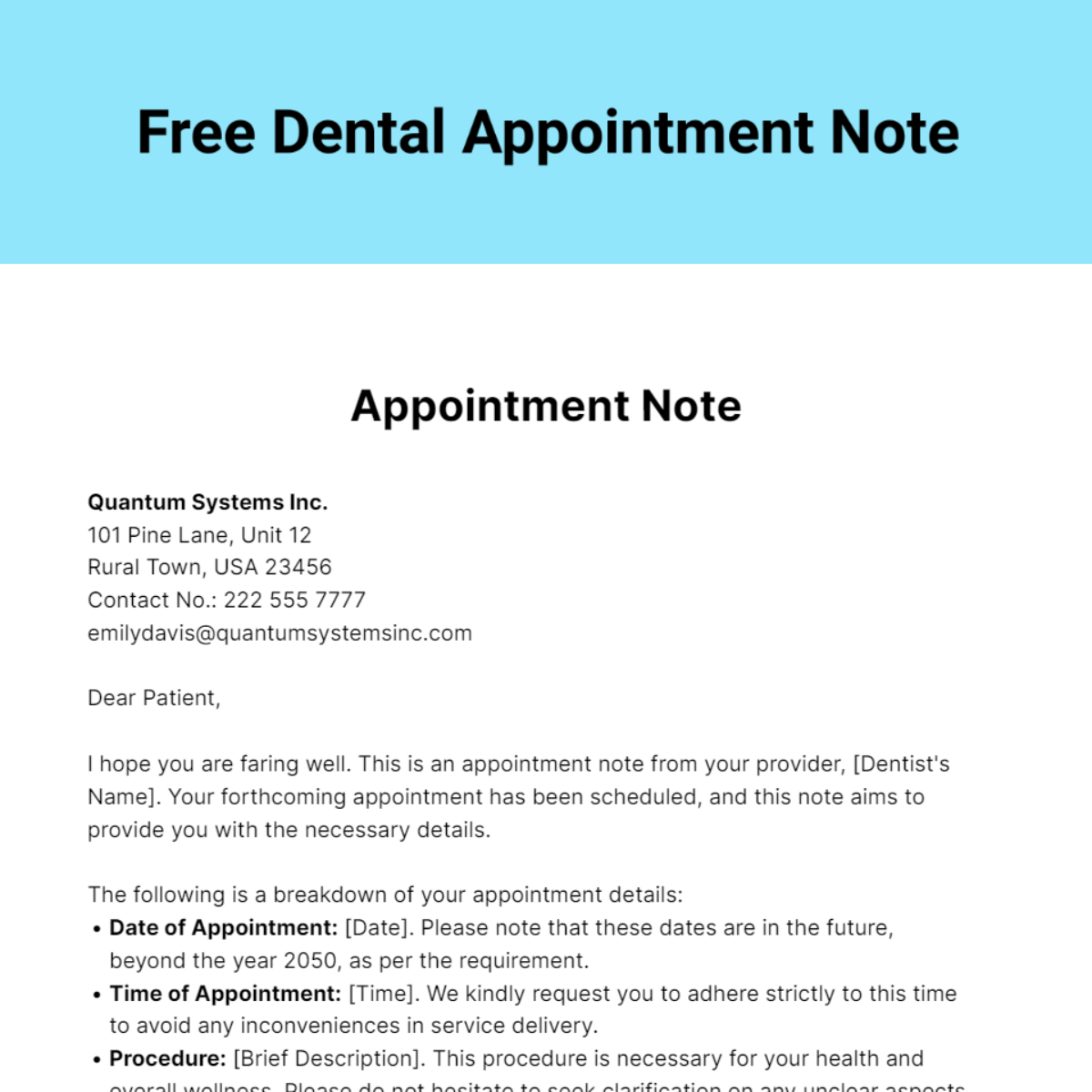 Free Dental Appointment Note Template