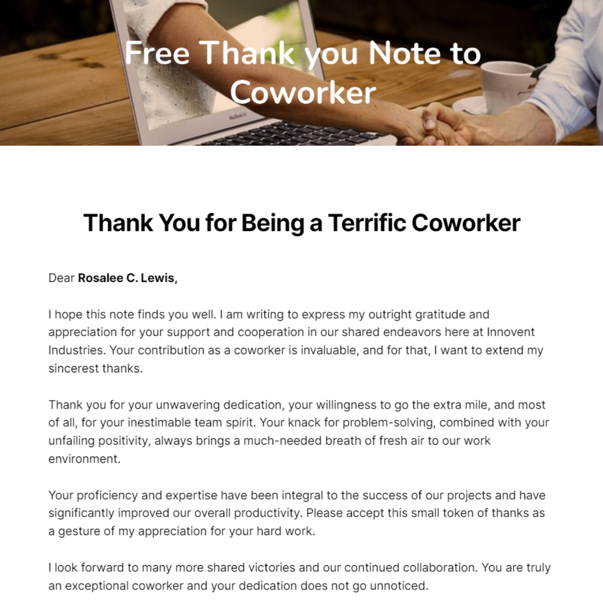 Thank you Note to Coworker Template