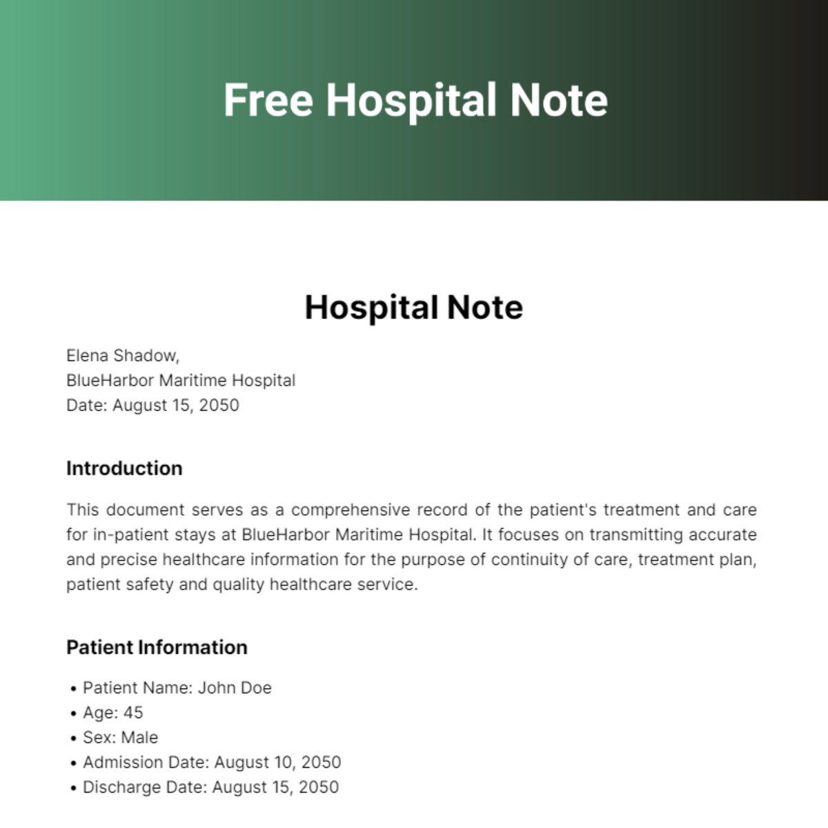 Free Hospital Note Template