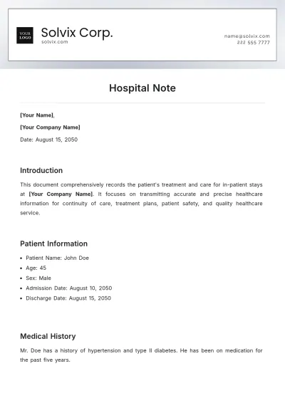 Free Hospital Note Template to Edit Online