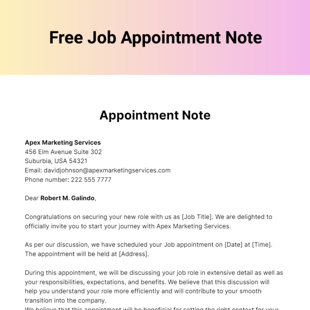 Free Job Appointment Note Template
