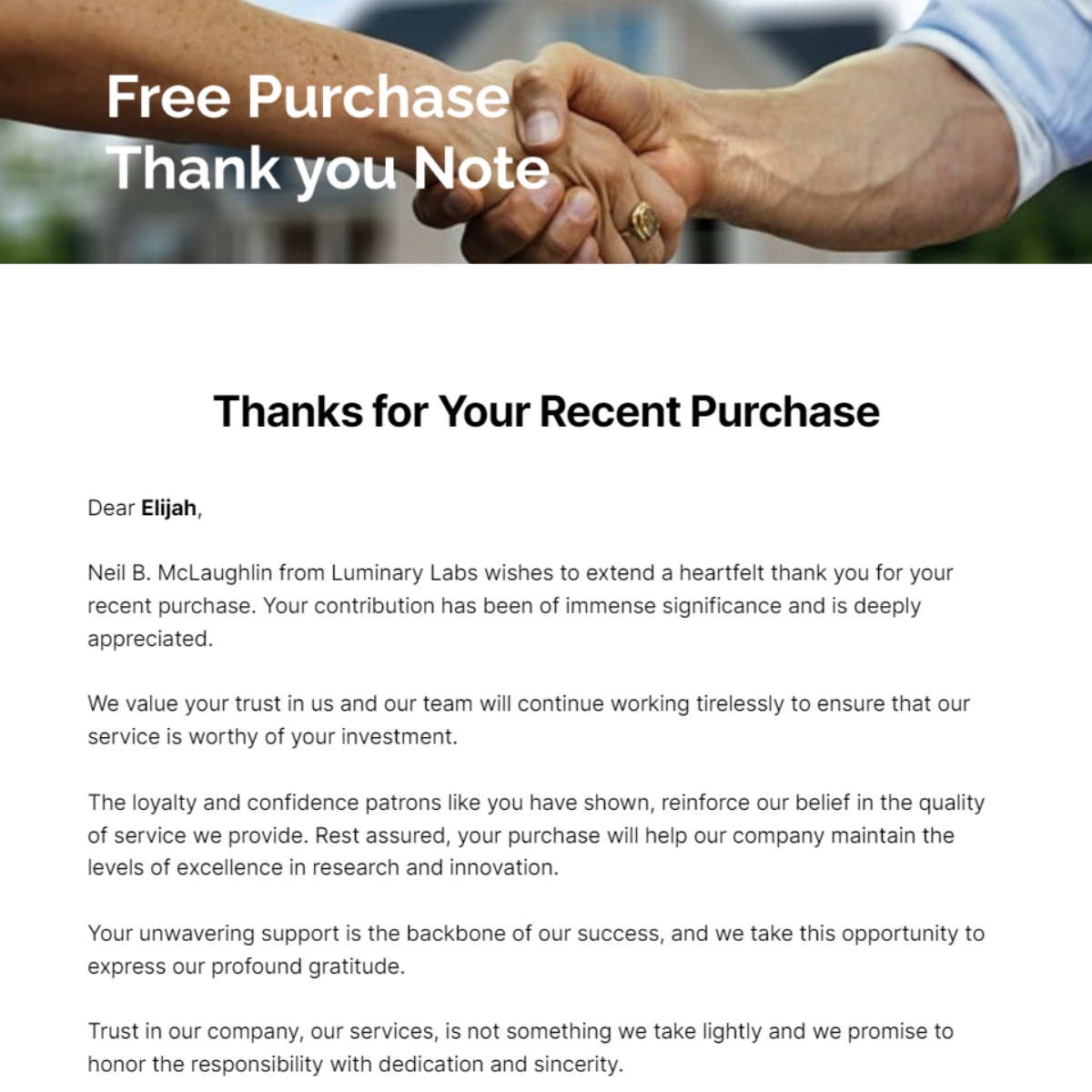 Purchase Thank you Note Template