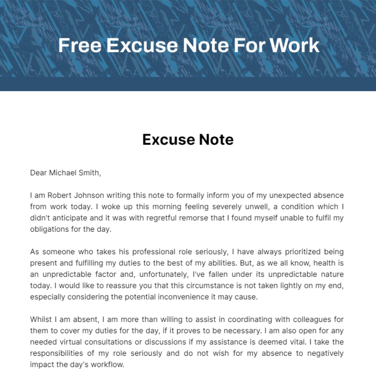 Free Excuse Note For Work Template