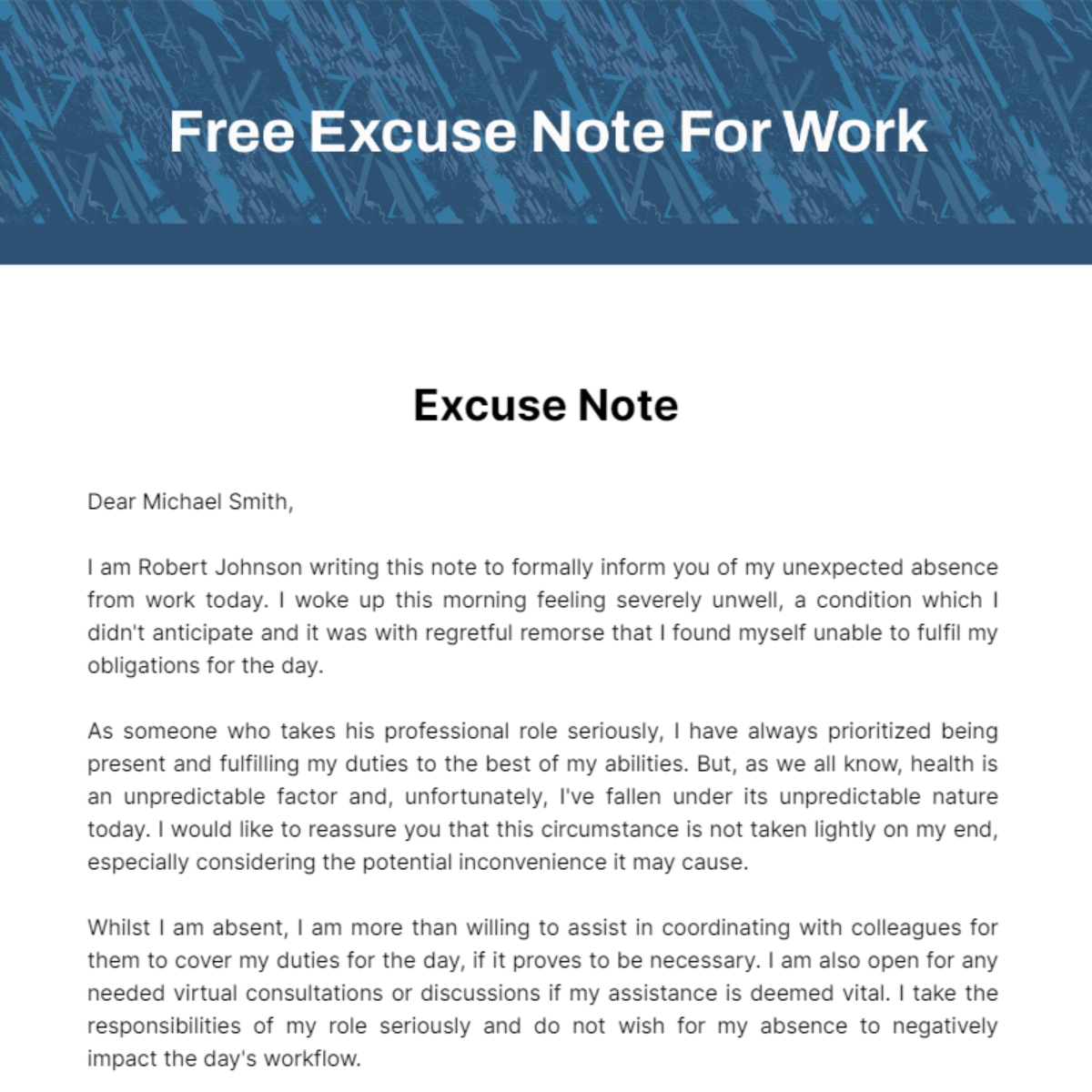 Free Excuse Note For Work Template Edit Online Download Template