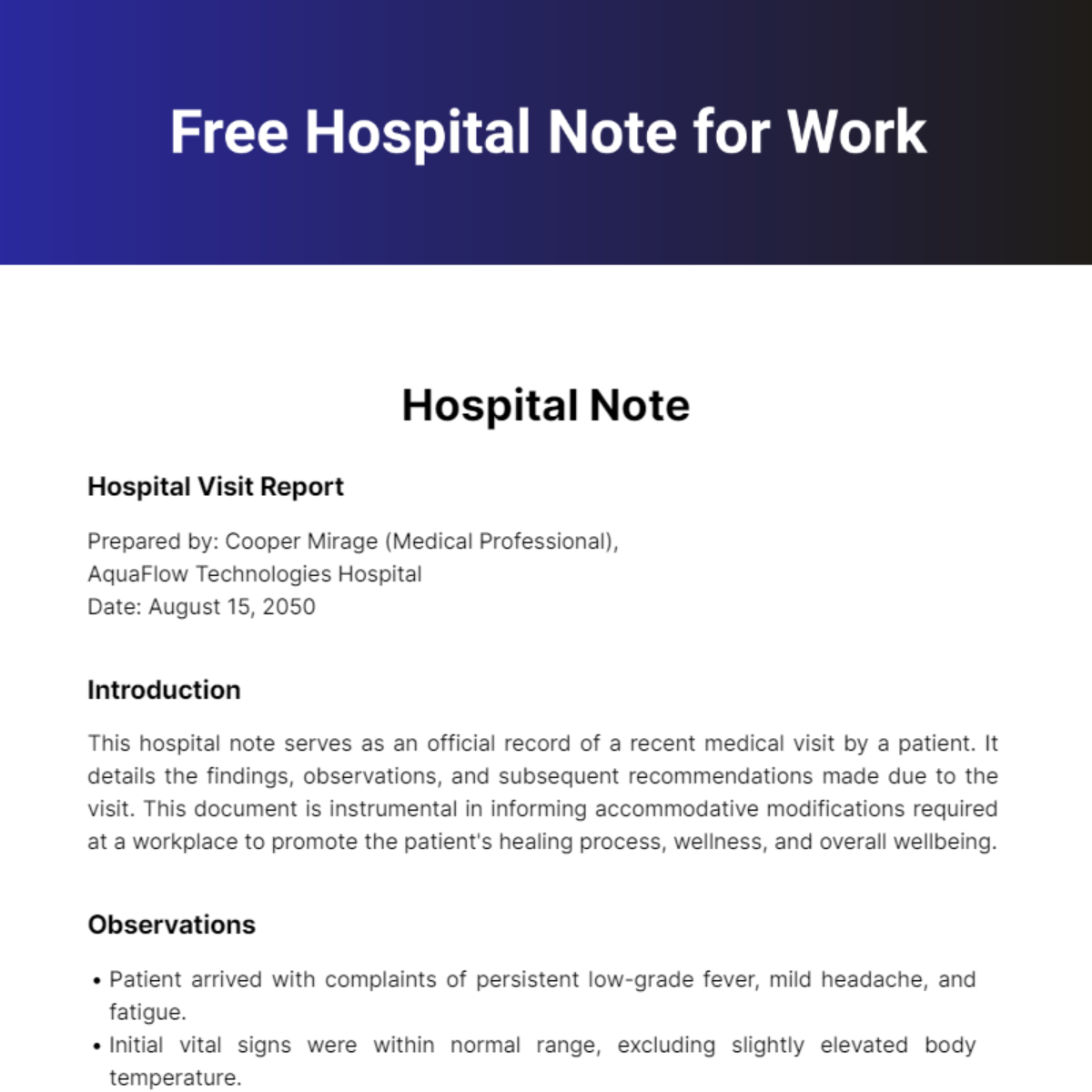 Free Hospital Note for Work Template