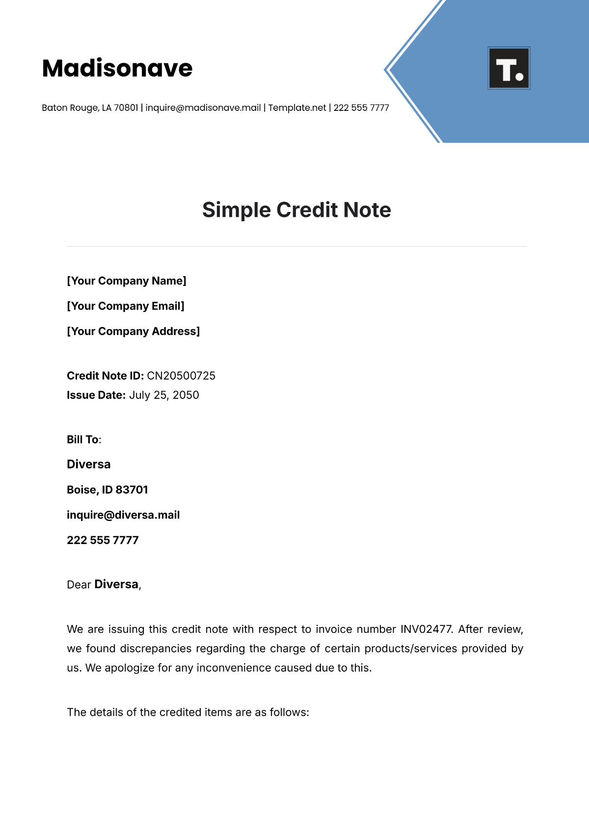 Simple Credit Note Template - Edit Online & Download