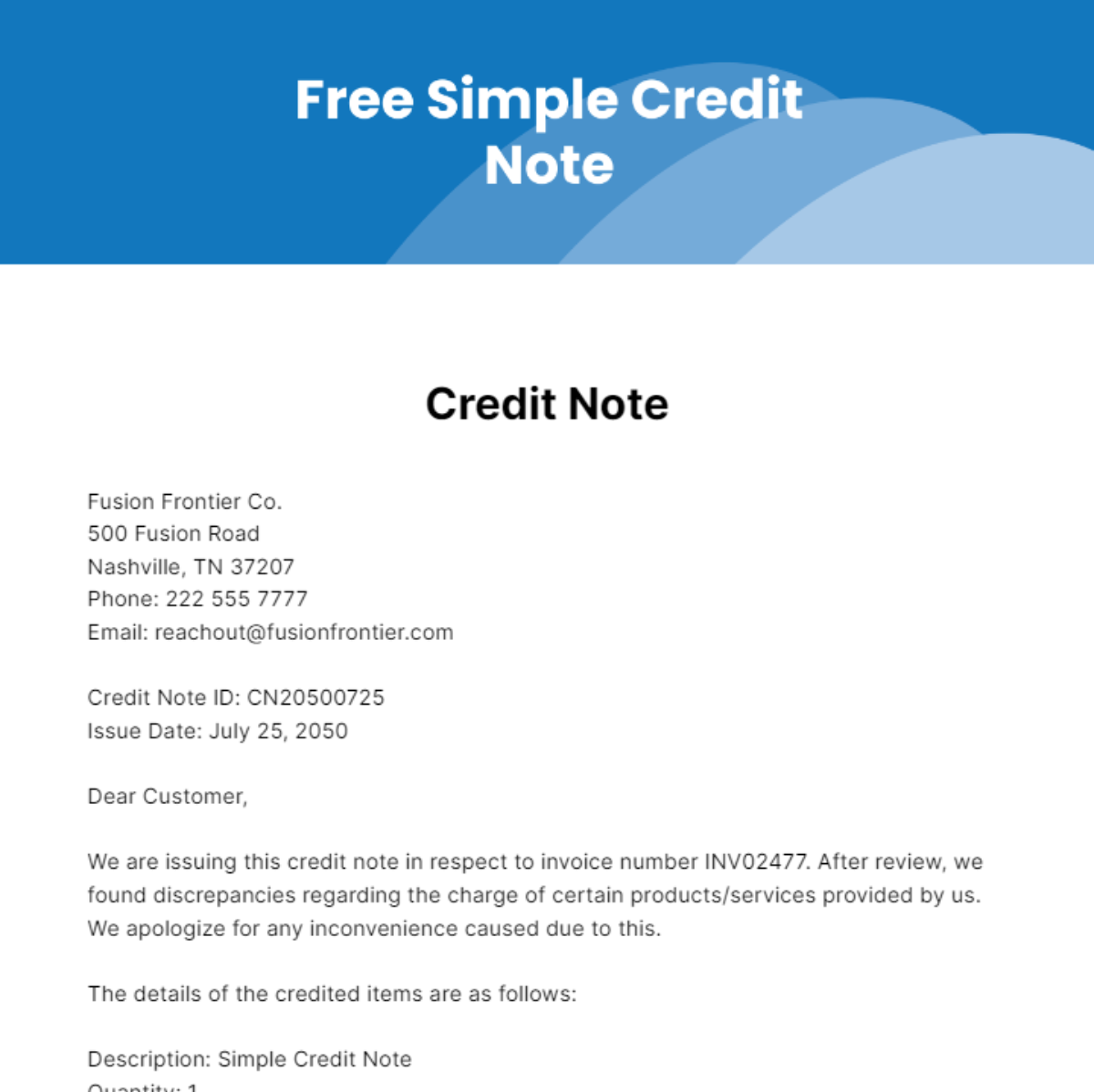 Free Simple Credit Note Template