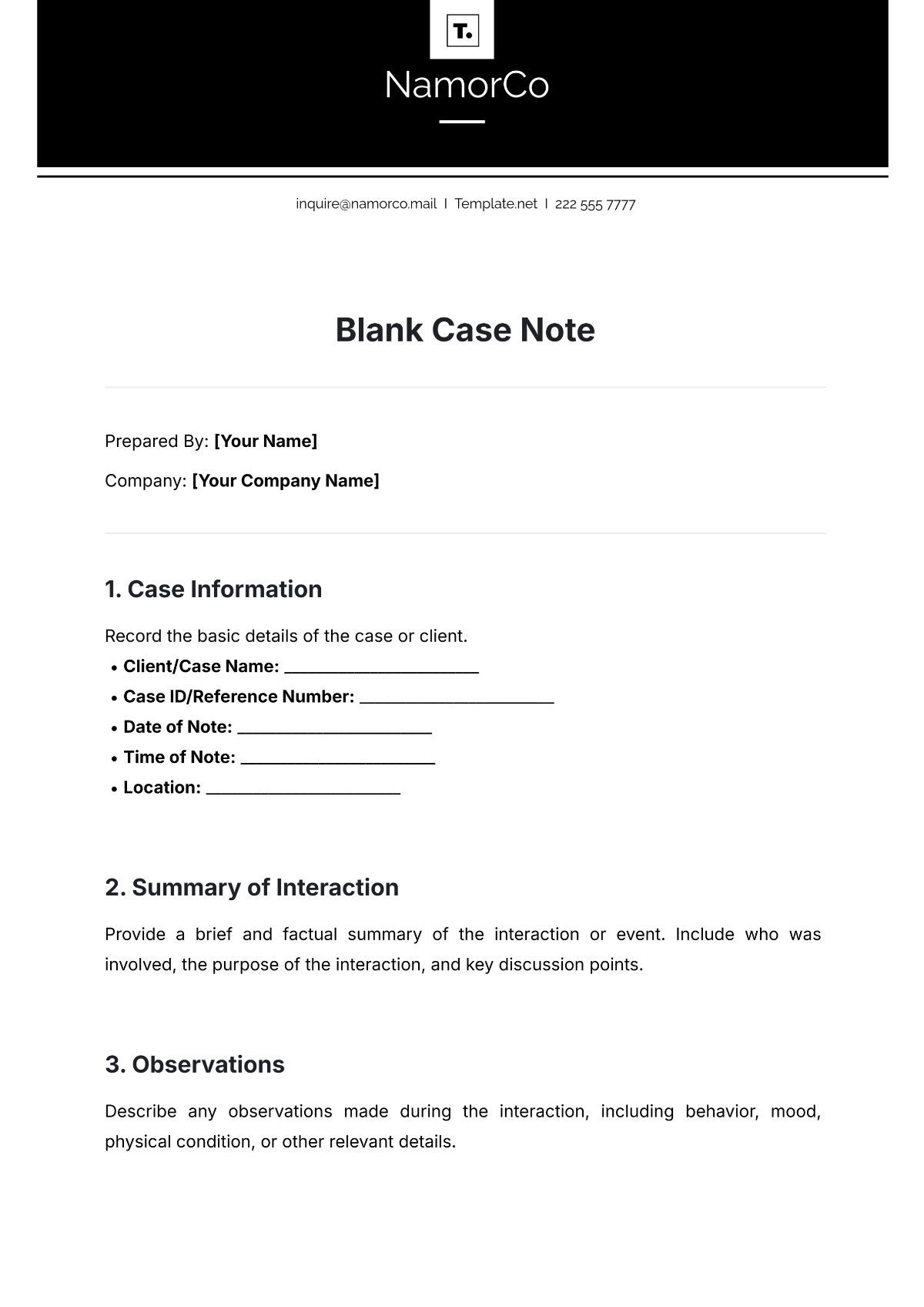 Free Blank Case Note Template