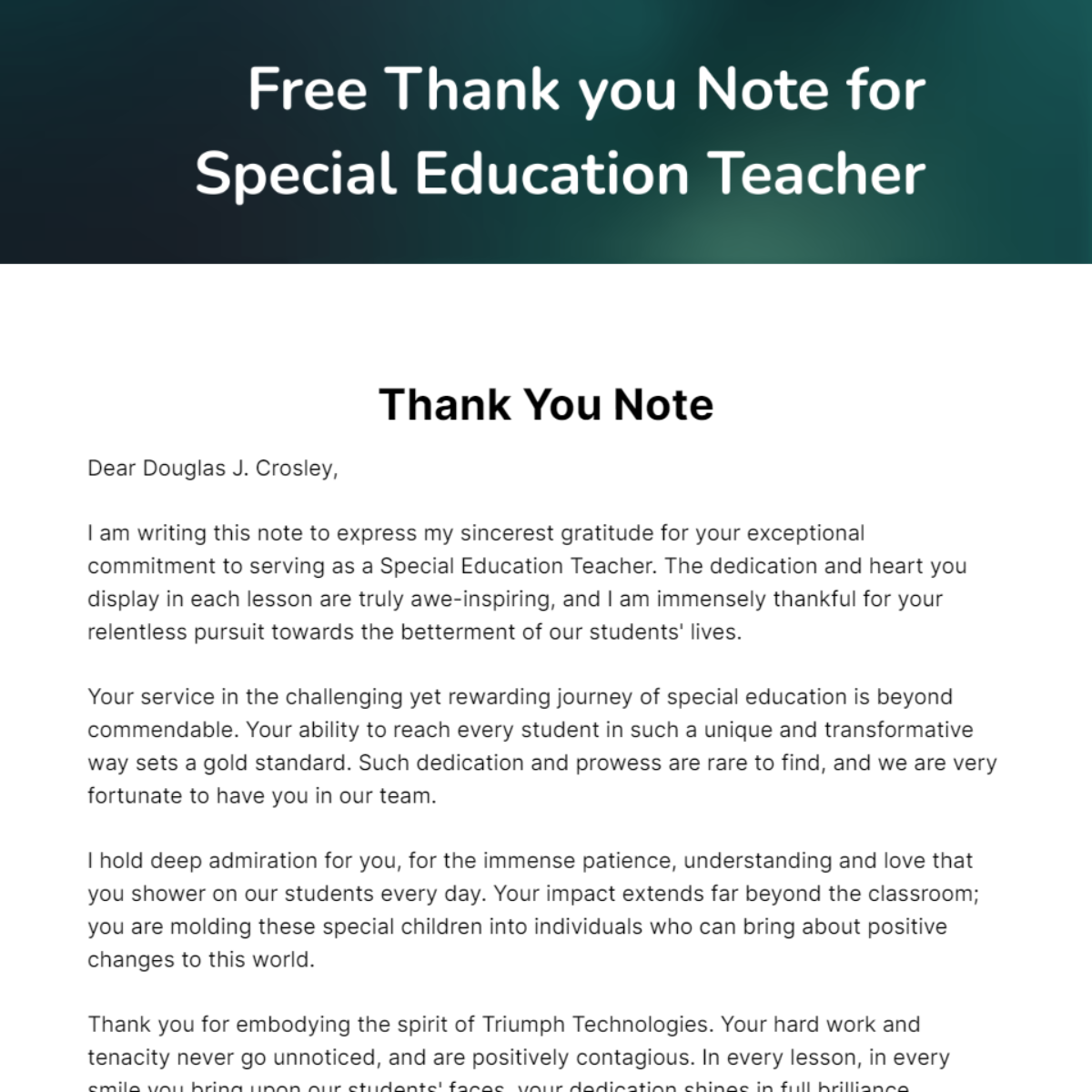 Thank you Note for Special Education Teacher Template - Edit Online & Download