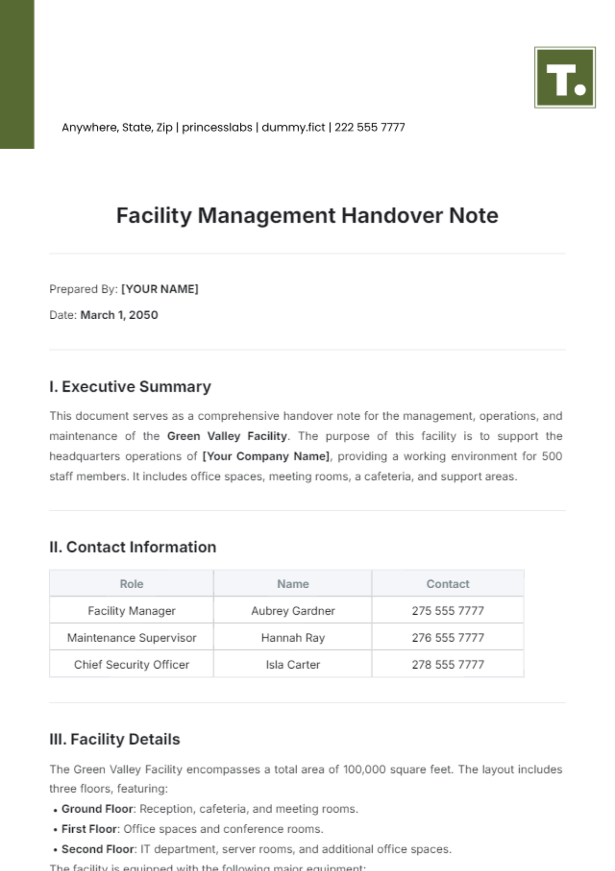 Facility Management Handover Note Template - Edit Online & Download