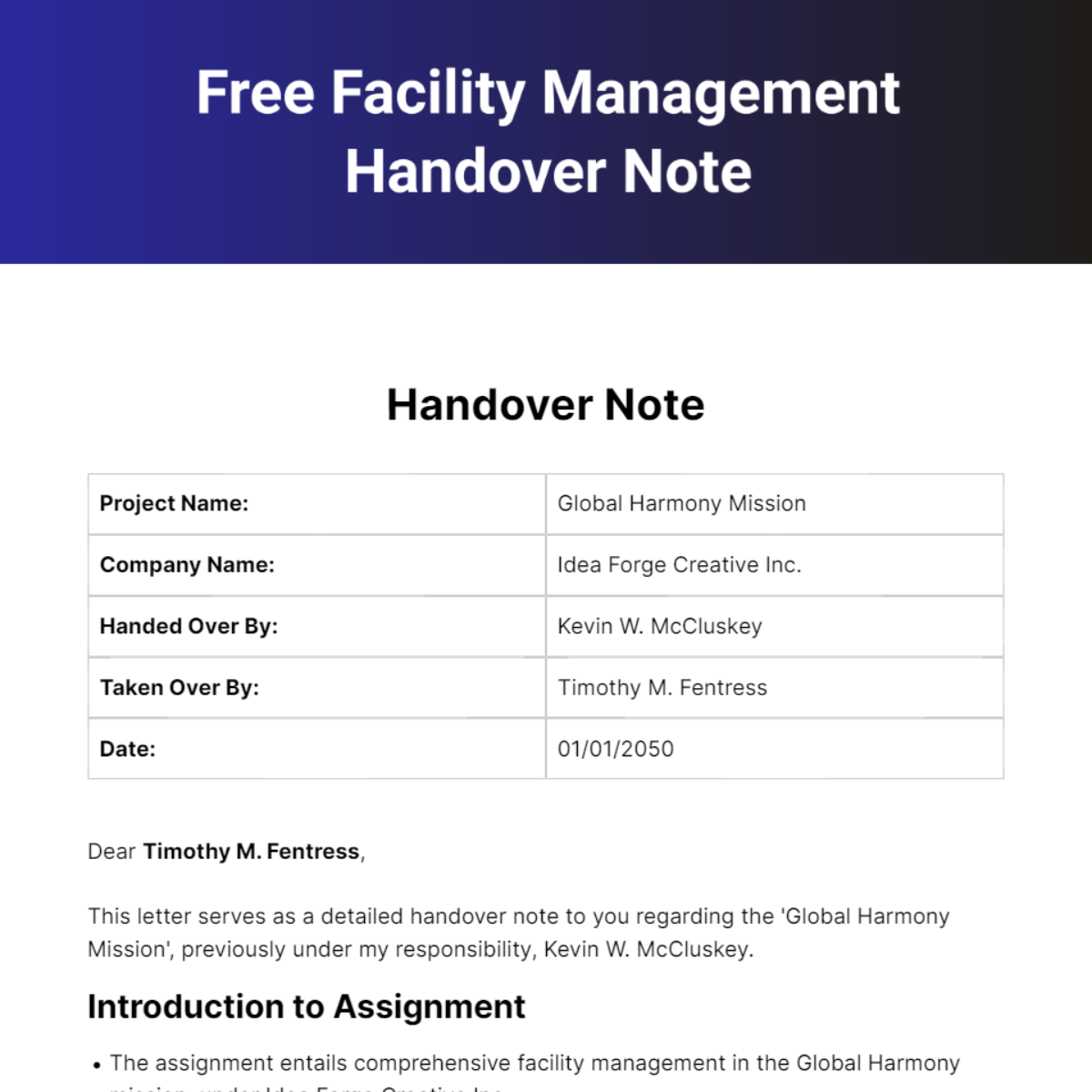 Free Facility Management Handover Note Template