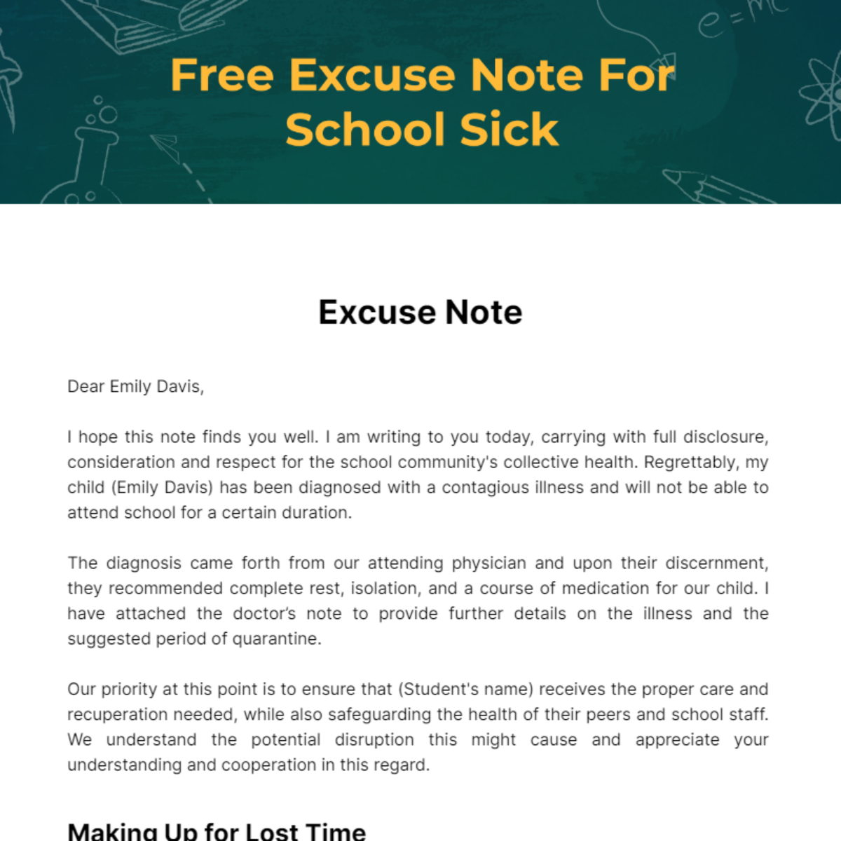 Free Excuse Note For School Sick Template