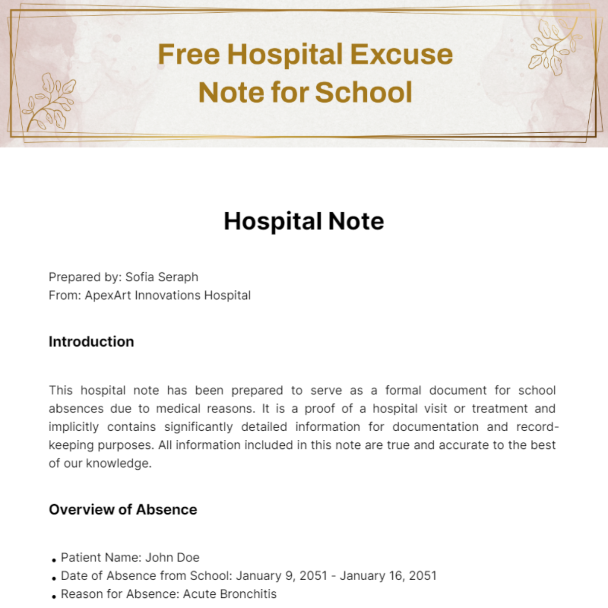 Hospital Excuse Note for School Template